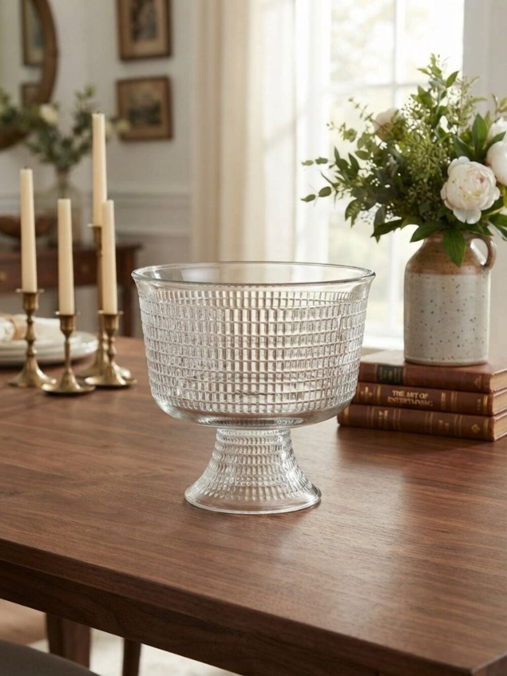 Vintage Anchor Hocking Waffle Pattern Clear Glass Footed Pedestal Trifle Bowl